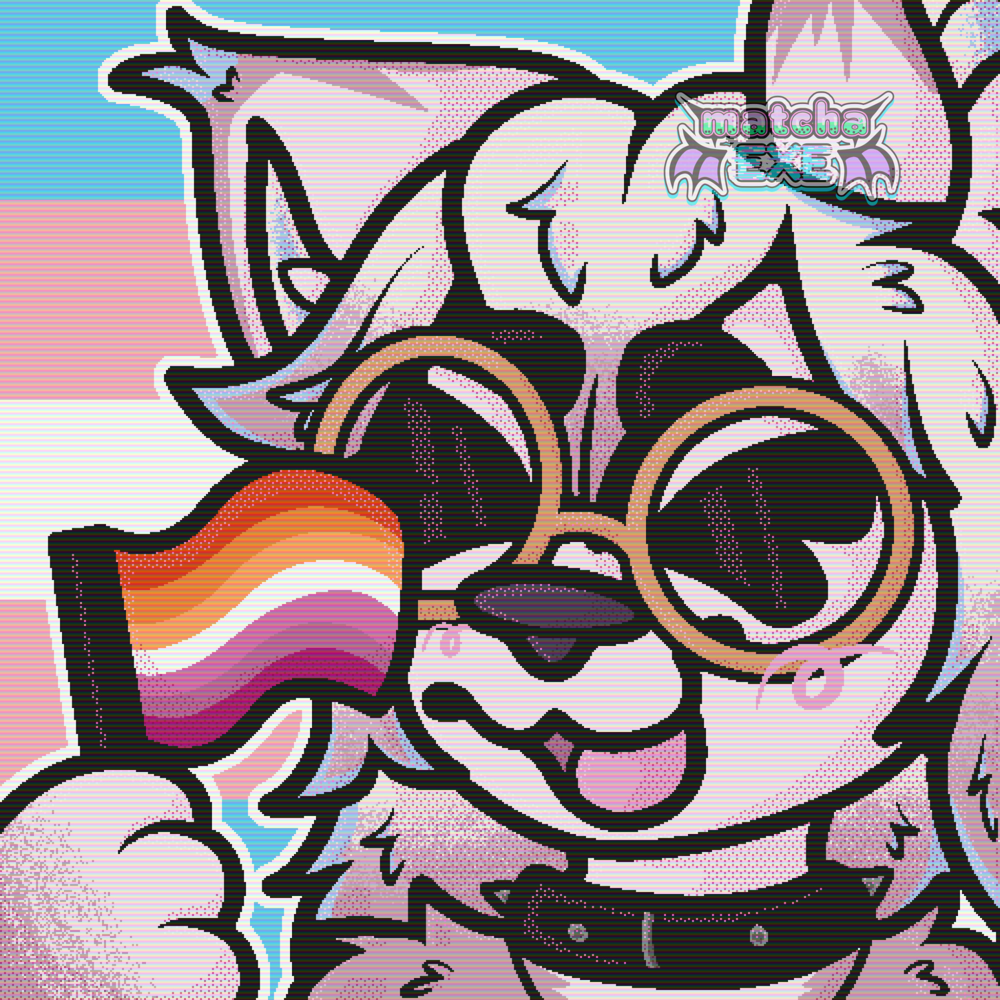 Chibi digital art of an anthropomorphic canine smiling with her eyes closed and mouth open. She is holding a small lesbian flag. Her fur and hair is white with dusty pink accents on her wrist, shoulders, hair, and ear tips. There are also light blue accents on her hair and ear tips, as well as in her inner ears. Her nose is a dark purple and her eyebrows are black. She is wearing rounded gold glasses and a black spiked collar. Behind her is the transgender flag. There is a scanlines effect over the image.