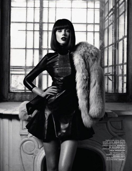 designerleather: Frida Gustavsson for Vogue Russia - Givenchy leather dress Emilio Pucci fur jacket