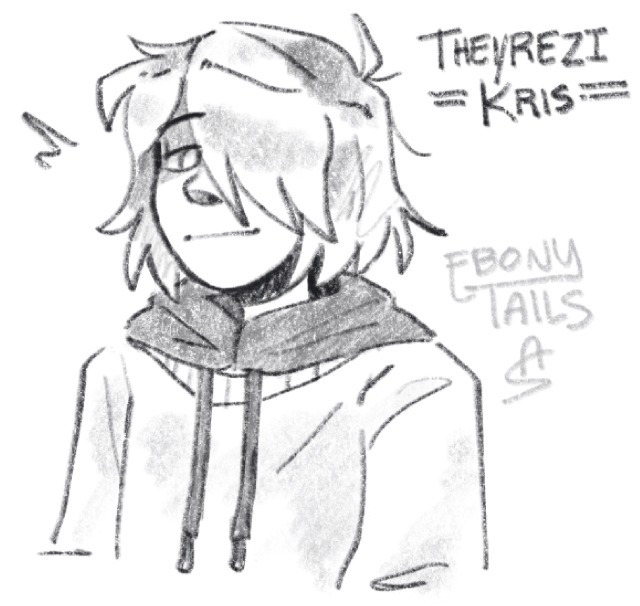 It's a drawing of Kris from the game Deltarune. It's digitally drawn with a pencil and isn't colored. This interpretation of Kris has bangs that covers their left eye and swoops to the side. they have medium length hair that's only slightly messy. They're wearing a sweater over a darkly colored hoodie. Kris is looking towards the viewer with a gentle and slightly smug smile. On the upper right corner of the drawing is the label "Theyrezi Kris". EbonyTails' watermark is signed on the right.