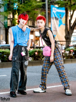 tokyo-fashion:  19-year-old Korin and 16-year-old Viral Booy on the street in Harajuku wearing vintage sleeveless t-shirt, denim and plaid pants, George Cox creepers, and a pink plush bag from Don Quixote. Full Look