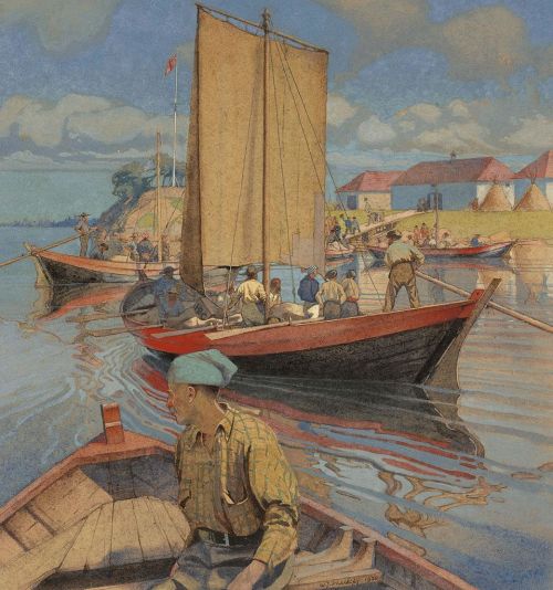 thewondermentofillustration: Walter J. Phillips (1884 - 1963) - Hudson’s Bay Company York Boats at N