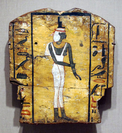 dwellerinthelibrary:An unusual Isis from a Late Period coffin fragment at the Brooklyn Museum - inst