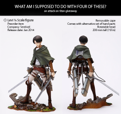 robertkazinskys:  So when the Levi figures went up for pre-order online, I snagged two in the hype, only to discover a friend decided to order one as a gift for me, and that another one is planning on getting the cleaning variant when it comes out. I