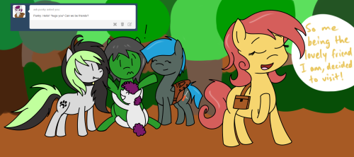 ask-humming-way:  P-Panny! Wait up, i-it’s not what it looks like!!! Punky you can stop hugging me now! (Featured: ask-jade-shine, askbreejetpaw, ask-punky, askgothika, asktheabby) (I just realised how much grey and green ponies there are in this update.