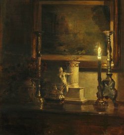 Poboh:  Evening Interior With A Candle Illuminating An Etching On The Wall, Carl