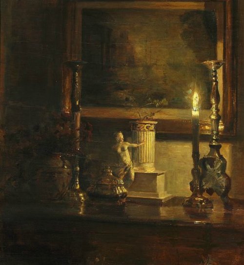 poboh:  Evening interior with a candle illuminating an etching on the wall, Carl Holsøe. Danish (1863 - 1935) 