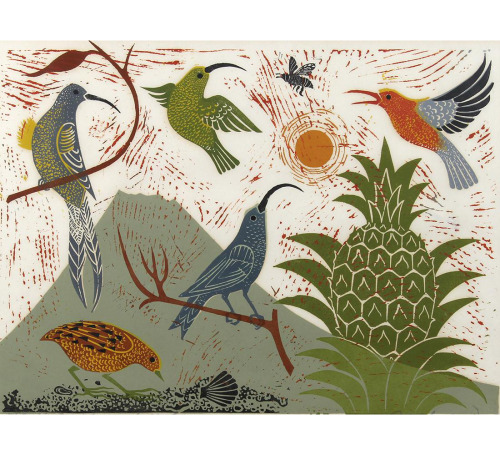 Emmy Lou Packard, Californian Morning, Hawaiian Birds, Deep Sea Composition, 1950s. Woodblock prints