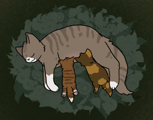 [ID: A drawing of a mother cat with two nursing kittens. The mother is a light brown tabby, laying o