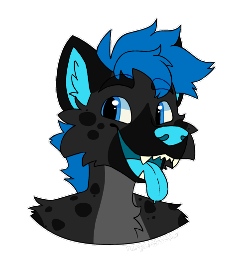 Commission for dashydoggo on twitter!ID Start. It’s a drawing of a dark gray hyena with blue and cya