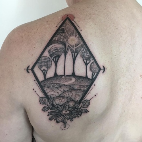 Trees and the sea #treetattoo #seatattoo #oceantattoo #geomertrictattoo #backtattoo #blackworktattoo