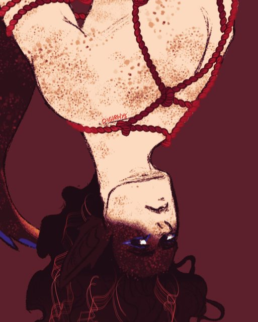 Cropped image of Rory in half-shifted creature form, suspended upside-down in a red velvet rope shibari harness. Its tail hangs down into frame behind itself.