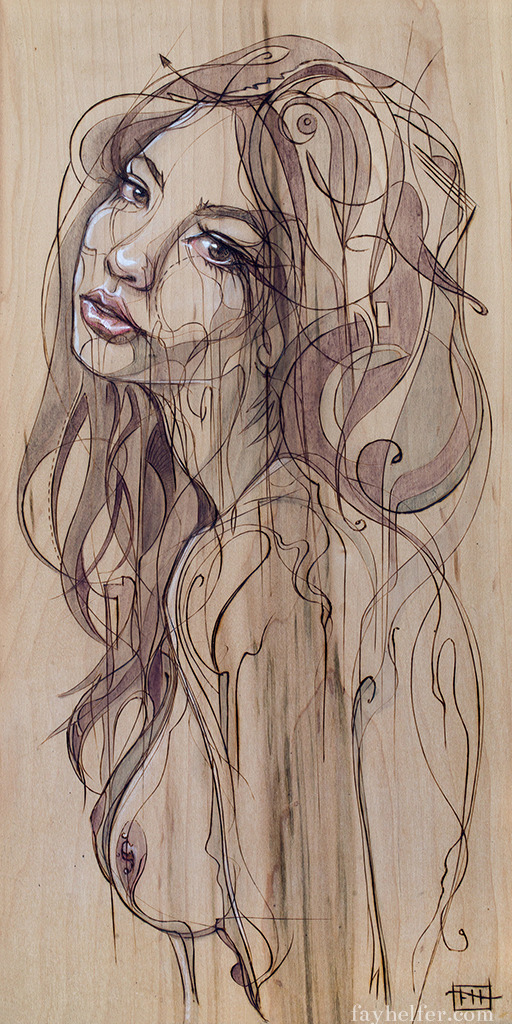 fayhelfer:  &lsquo;Julie' Pyrography and pigments on salvaged cupboard door. Prints!