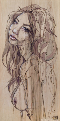 fayhelfer:  &lsquo;Julie' Pyrography and pigments on salvaged cupboard door. Prints! 