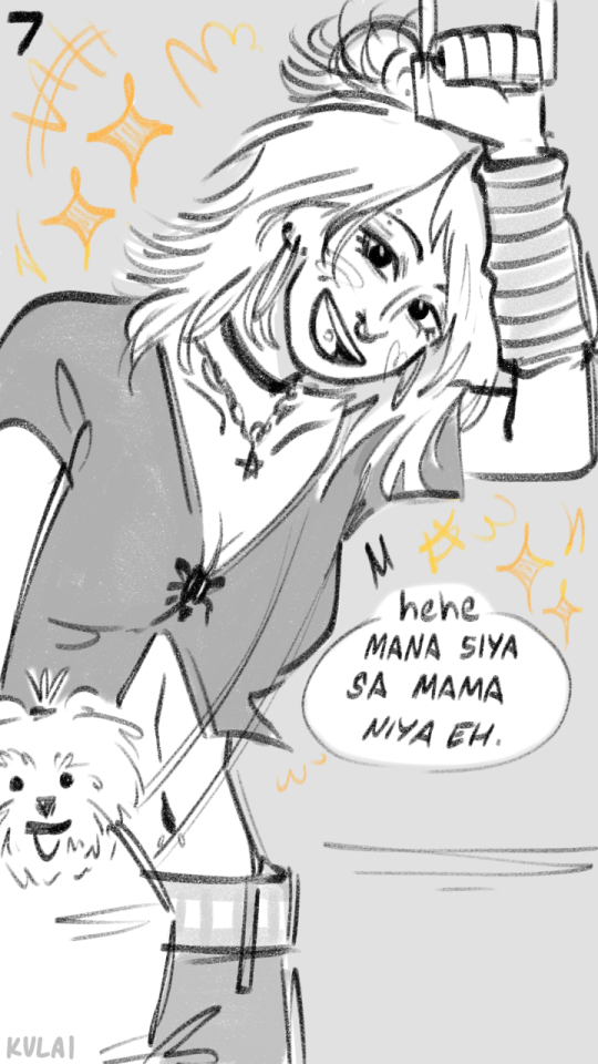 TL: "hehe. He gets it from his mama." 

(context: Because I called her dog cute, her reply is meant to say as his owner, the pupper inherited his cuteness from her; basically saying they're both cute.)
