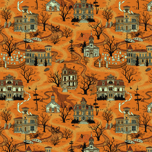 Haunted Village fabric and wallpaper now available on Spoonflower.  Features seven historic Mai