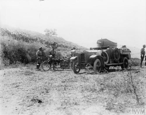 A British Light Armoured Car patrol in the hills above Samaria during the Battle of Megiddo, Septemb