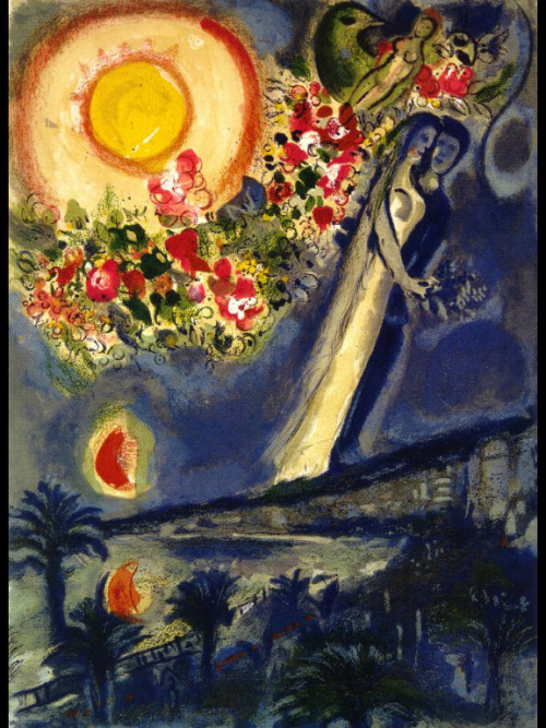 artist-chagall:Lovers in the sky of Nice, 1964, Marc ChagallMedium: lithography,paperhttps://www.wik