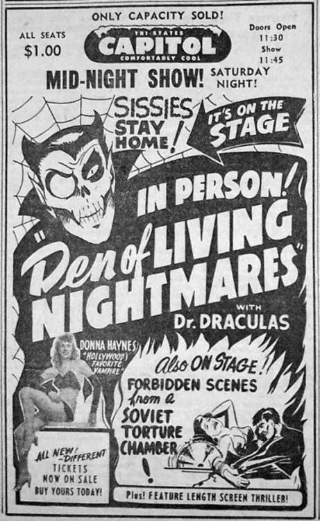 vintageadvertising:Dr. Dracula’s “Living Nightmares” stage shows featuring Donna H