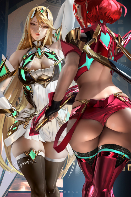 xsirboss:   Pyra/Mythra  Zumi@ZumiDrawshttps://twitter.com/ZumiDraws/status/1374777048380674050/photo/1 