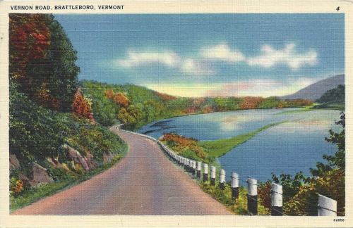 Postcard: “Vernon Road, Brattleboro, Vermont,” undated but probably 1950s.New England color at the b