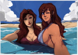 asadfarook:  Korrasami selfie.. at the beach.Wee bit of fanservice!  I’ve never been good at drawing asami well ( 4gifh me pls OTZ ) oh well atleast korra looks good :’D amaright? Pencil sketch from my sketchbook + quick photoshop of colors..Also