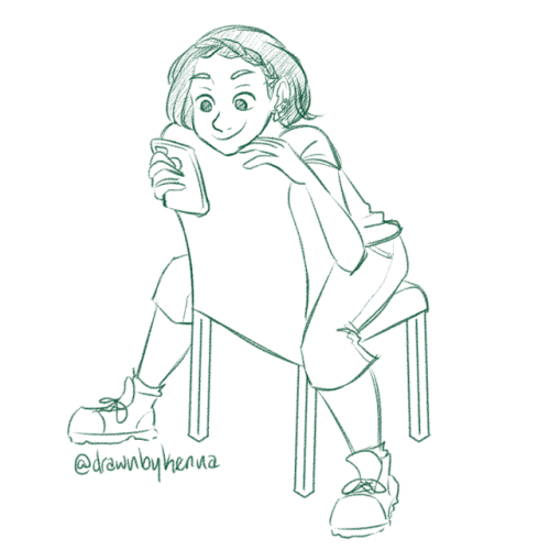 Sketchtember day 22, in which Alma sits in a chair the wrong way while looking at memes.