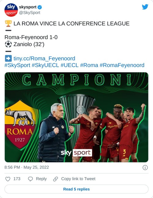 🏆 LA ROMA VINCE LA CONFERENCE LEAGUE ➖ Roma-Feyenoord 1-0  ⚽ Zaniolo (32') ➖ ➡️ https://t.co/0ey9LhQZvs#SkySport #SkyUECL #UECL #Roma #RomaFeyenoord pic.twitter.com/byqmomzMD3  — skysport (@SkySport) May 25, 2022