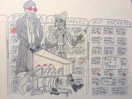 owlaholic68: Mothman goes grocery shopping [ID: a traditional drawing of Indrid Cold shopping with A