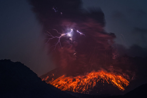 nubbsgalore:   photos of sakurajima, the most active volcano in japan, by (click pic) takehito miyatake (previously featured) and martin rietze. volcanic storms can rival the intensity of massive supercell thunderstorms, but the source of the charge