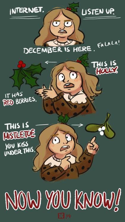 raygirlramblings:  Seriously people.  The closer we get to Christmas the more I see this happening in people’s christmas artwork MISTLETOE IS THE ONE YOU TRADITIONALLY KISS UNDER HOLLY + MISTLETOE ARE NOT THE SAME PLANT. 