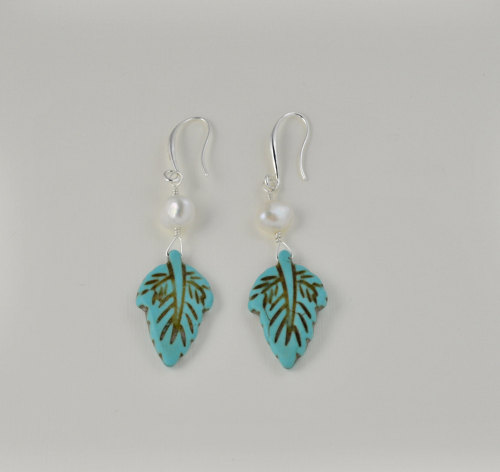 Turquoise Leaf Earrings, Boho Earrings, Pearl Earrings, Delicate Earrings, Animal Rescue, I Love My 