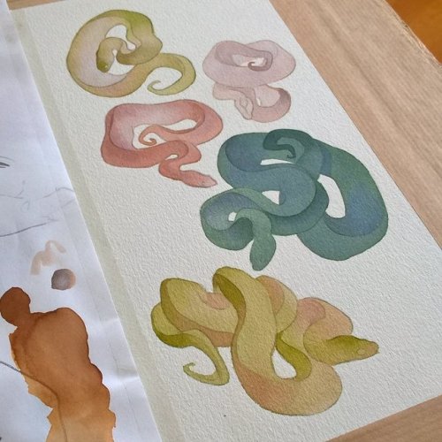 rozenn-blog:Snakes! They’ll be available as stickers on my shop soon!Whitenights watercolor, colorex