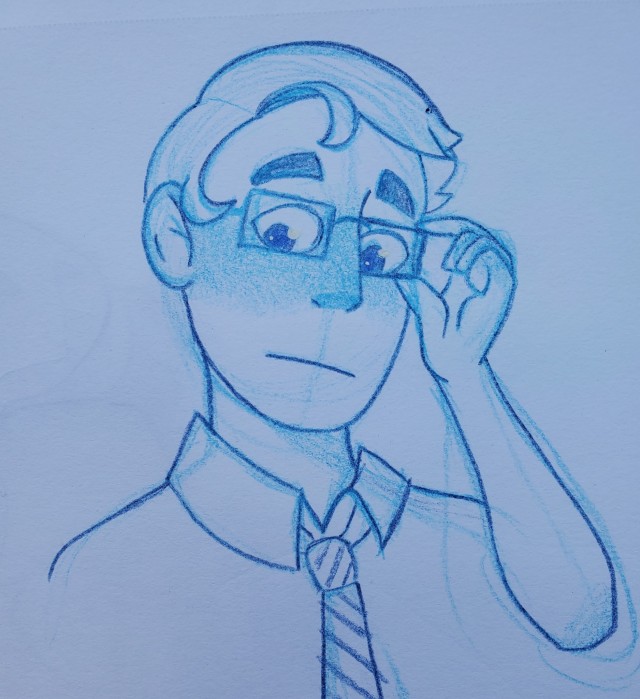 a colored pencil drawing of Logan looking down and adjusting his glasses