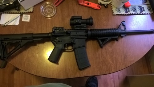 I got my mom a new rifle. It’s the Ruger AR556 (after a Magpul bath). It’s a good base rifle to buil