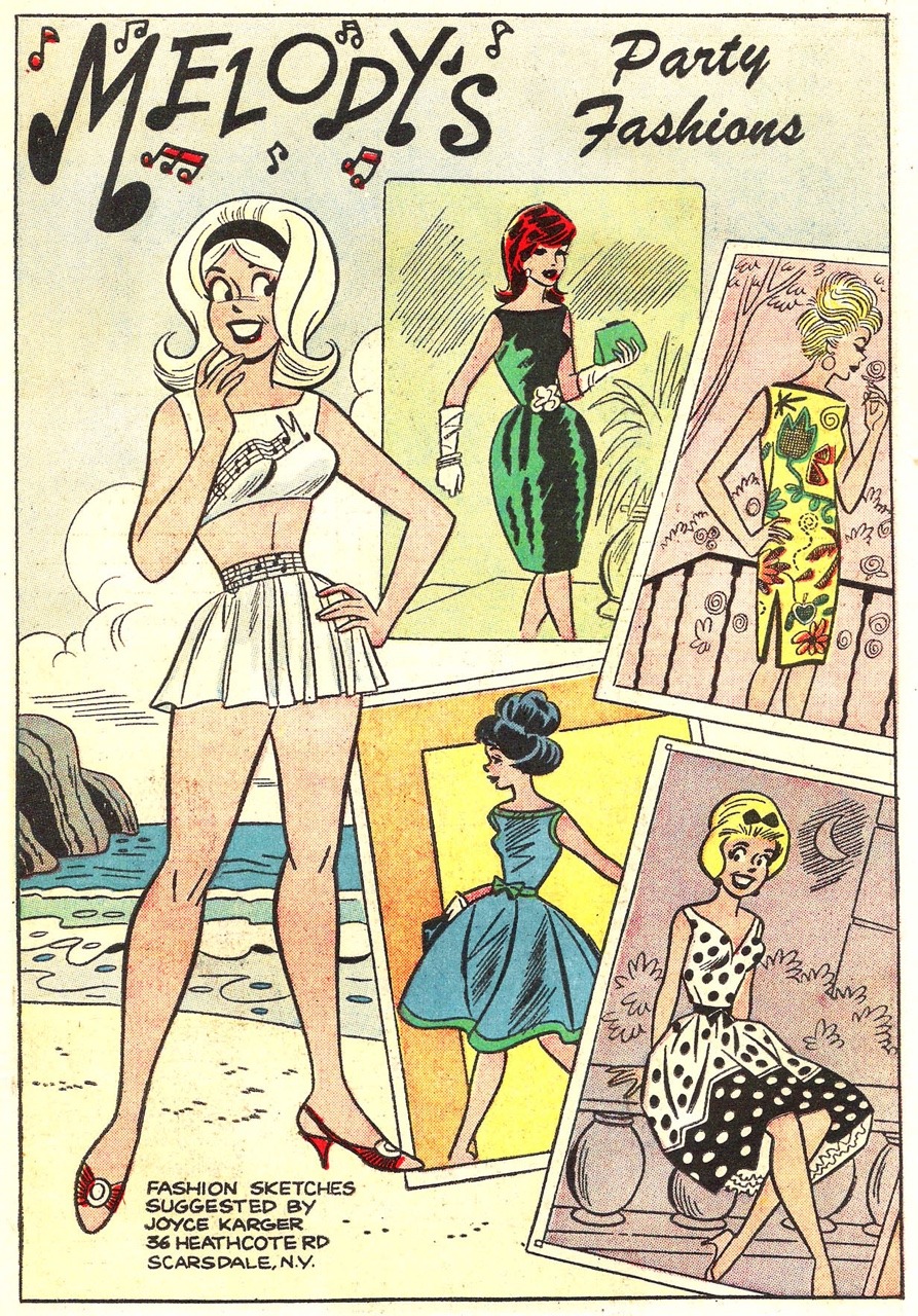 weirdlandtv:  MELODY’S FASHIONS. Occasionally featured in the comic, these pages showed off Dan DeCarlo’s pretty drawing style and sense of fashion drawing (readers often suggested the designs).Dan DeCarlo’s wife Josie had been a model, and I think
