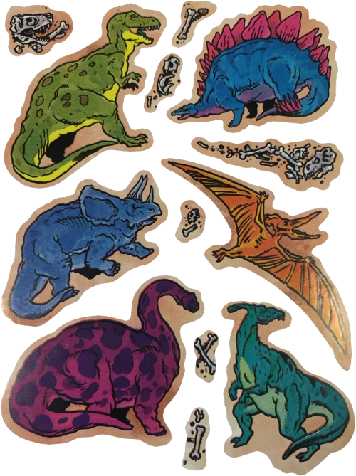 A sticker sheet made by Hallmark in the 80s, featuring vibrantly coloured prehistoric reptiles and p