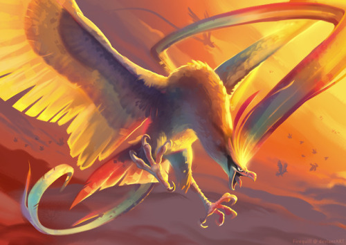 deviantart:  “Pidgeot” by Firequill: http://bit.ly/2FbWcrU  In this high-flying Pokemon illustration, the artist contrasts the fiery colors of the Pidgeot and sunset with cool colors for shadows to create a more striking piece.  