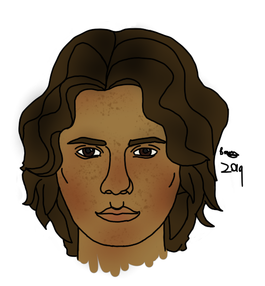 will treaty. he has light brown skin, wavy dark brown hair that goes nearly to his shoulders, and freckles.