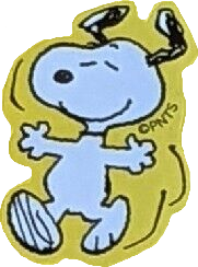 sticker of snoopy from peanuts. he is running with his arms outstretched. the sticker has a yellow trim and no text.