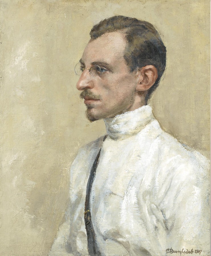 Russian School - Portrait of man in a white tunic, oil on canvas,43 x 35.5 cm. 1907.