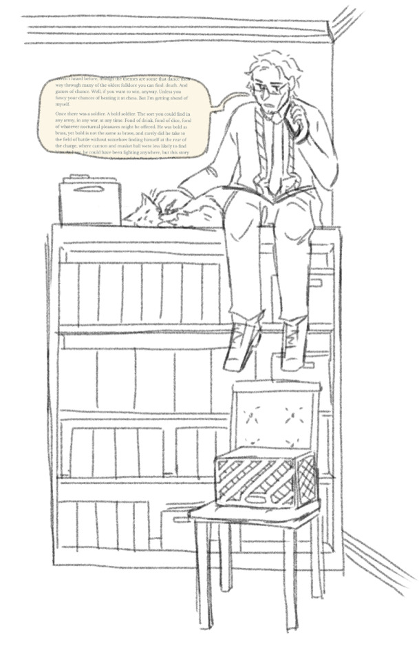 A sketch of Jon Sims sitting on top of a tall bookshelf with various organizational boxes in them, and a chair in front of it with a larger box on it. He is reading a statement, and petting a cat.