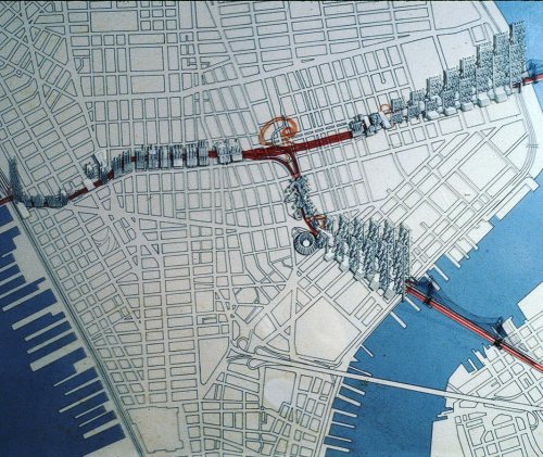 #MapMondays!Lower Manhattan Expressway, feasibility study by #burtalist architect Paul Rudolph.  The