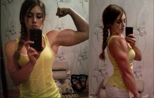 A 17 year old Russian girl has a doll-like face but physique of a body builder. She is a powerlifter.
