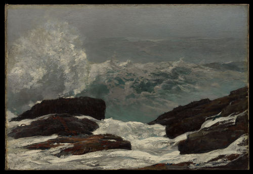 oil on canvas painting of a rocky coastline in main with powerful white-capped waves.