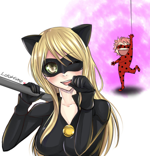 lolohime:  IKR???? I love both so much and they are so similar somehow! the plan was to draw just Lucy as Chat but my hand slipped…. Natsu is the cutest thing with the Ladybug suit.
