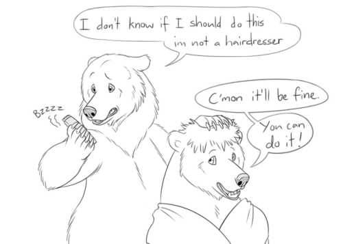 bearlyfunctioning:   Comic #84: Don’t rush me!! - Patreon - Twitter - Facebook -    Its not advised to ask an anxious bear to cut your hair!(Don’t worry it actually turned out not too bad but this was going on in my head the entire time lol.) Hard