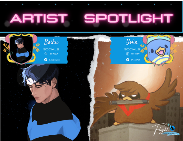 A graphic announcing Baihu and Yolin as zine artists. Baihu is at baihujun on Tumblr and _baihujun on Twitter, while Yolin is at yolinart on Tumblr and Twitter.