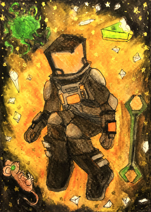 pekasairroc:Testing out more watercolors so here’s a cute little astronaut.