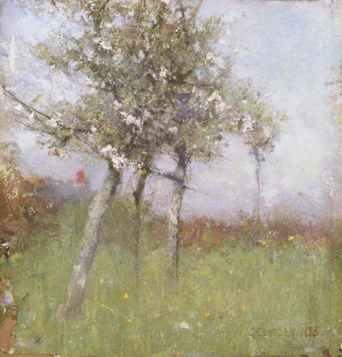 Appel Blossom - George Clausrn, 1885.British, 1852-1944.Oil on board, 24,9 x 2,7 cm.