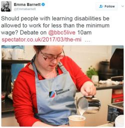 your-naked-magic-oh-dear-lord:  disabilityhealth:  jizzfrosti:  doctorcassherlockedfromtheimpala:  thetrippytrip:   This is disgustingly ableist. Disabled people have worth, their labor has value, they’re working just like everyone else so they should